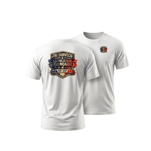 T-shirt Politique Française mis en scène, disponible en Noir, Rouge, Bleu Roi et Blanc